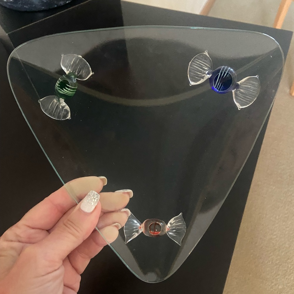 Glass Candy Dish With Glass Hard Candies As Decorative Embellishments.